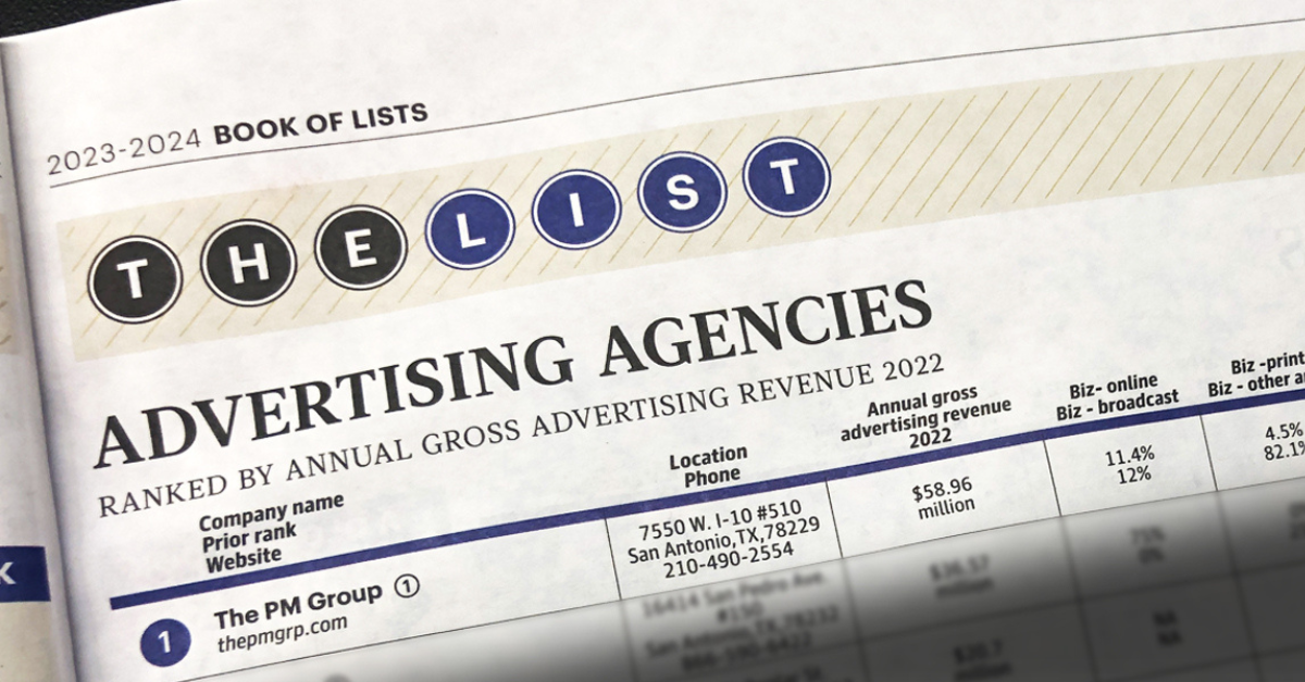 Book of Lists showing The PM Group as the number 1 advertising agency in San Antonio