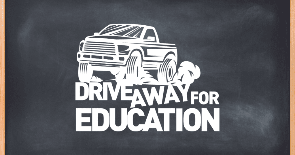 An image of a chalk board with the Drive Away for Education logo on top