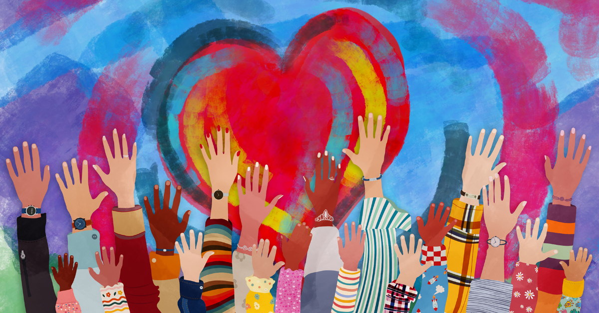 A photo of hands reaching up towards a painted heart